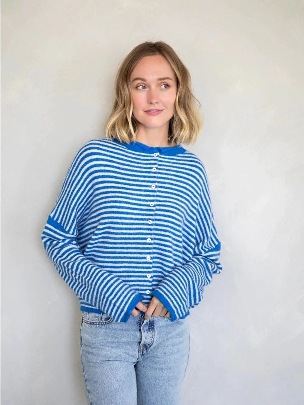 By Together Blue and White Striped Button Down Knit Cardigan Blue & White